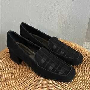 Bianco Black Leather Heeled Loafers Satin Plaid Square‎ Toe